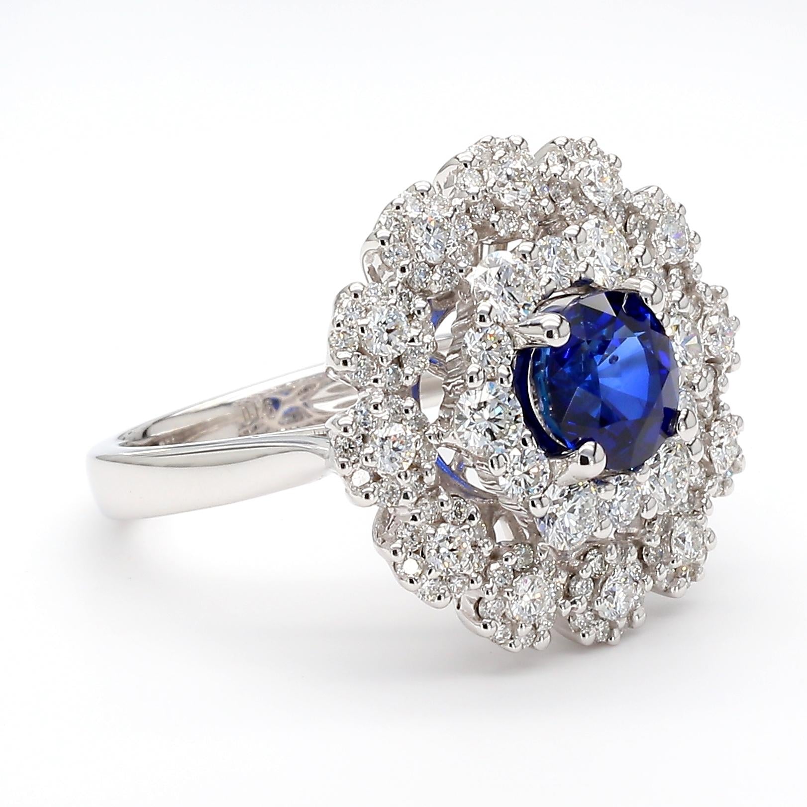 GIA Certified Blue Round Sapphire and White Diamond 3.12 Carat TW Gold Ring