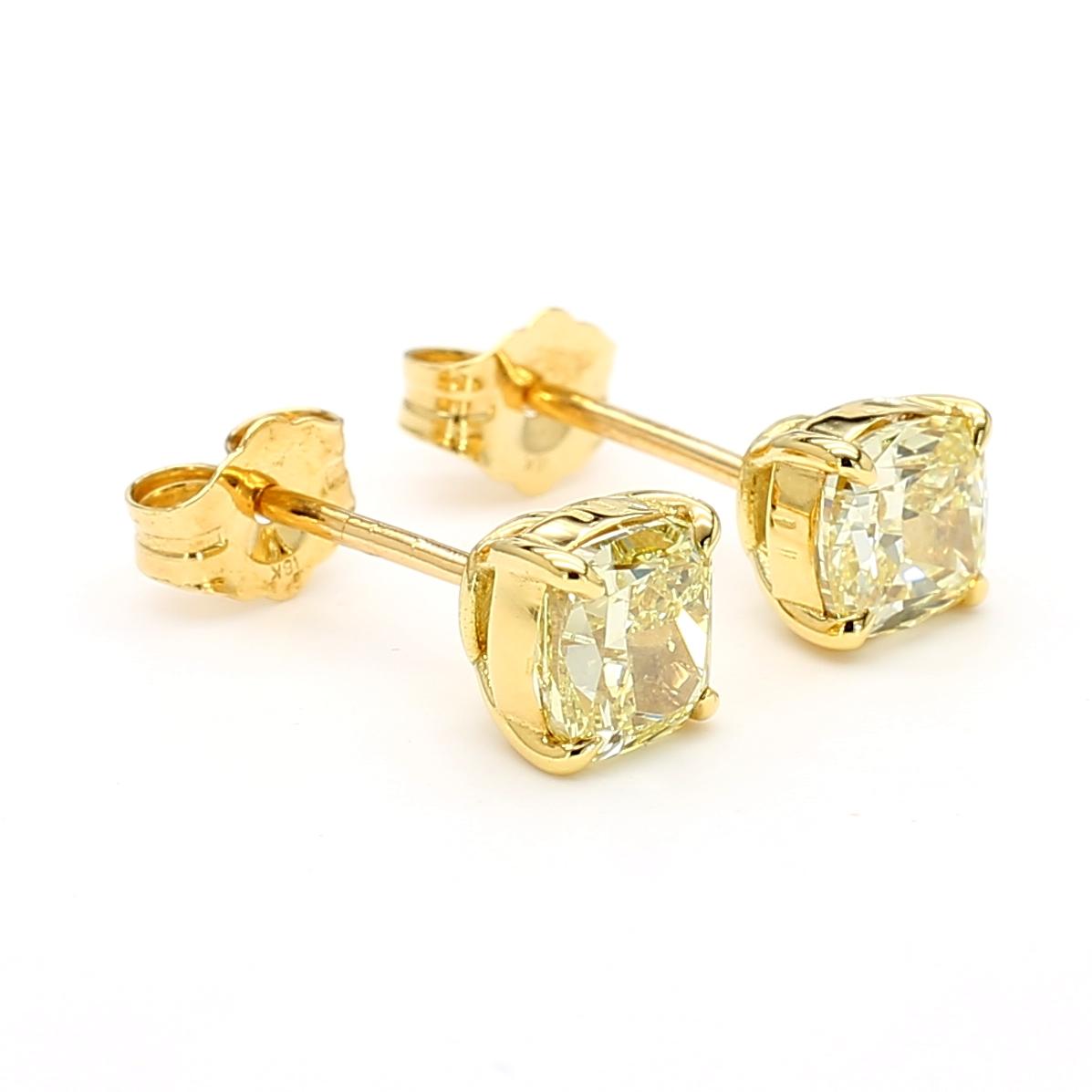 GIA Certified Fancy Light Yellow Cushion Diamond 1.42 CT TW Gold Stud Earrings