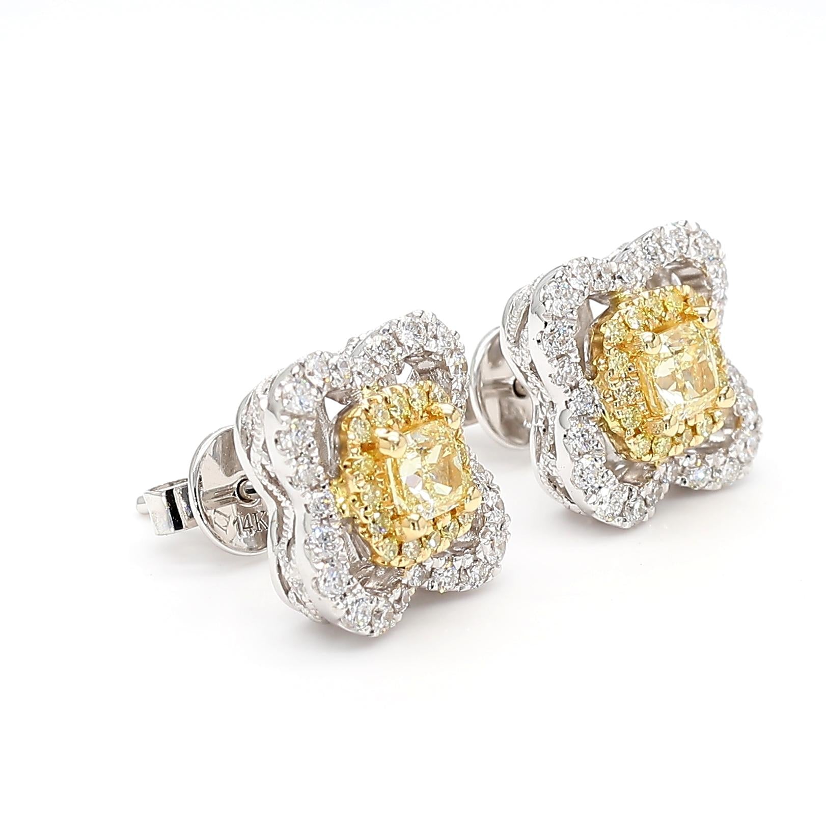Natural Yellow Radiant Diamond 0.90 Carat TW Gold Stud Earrings