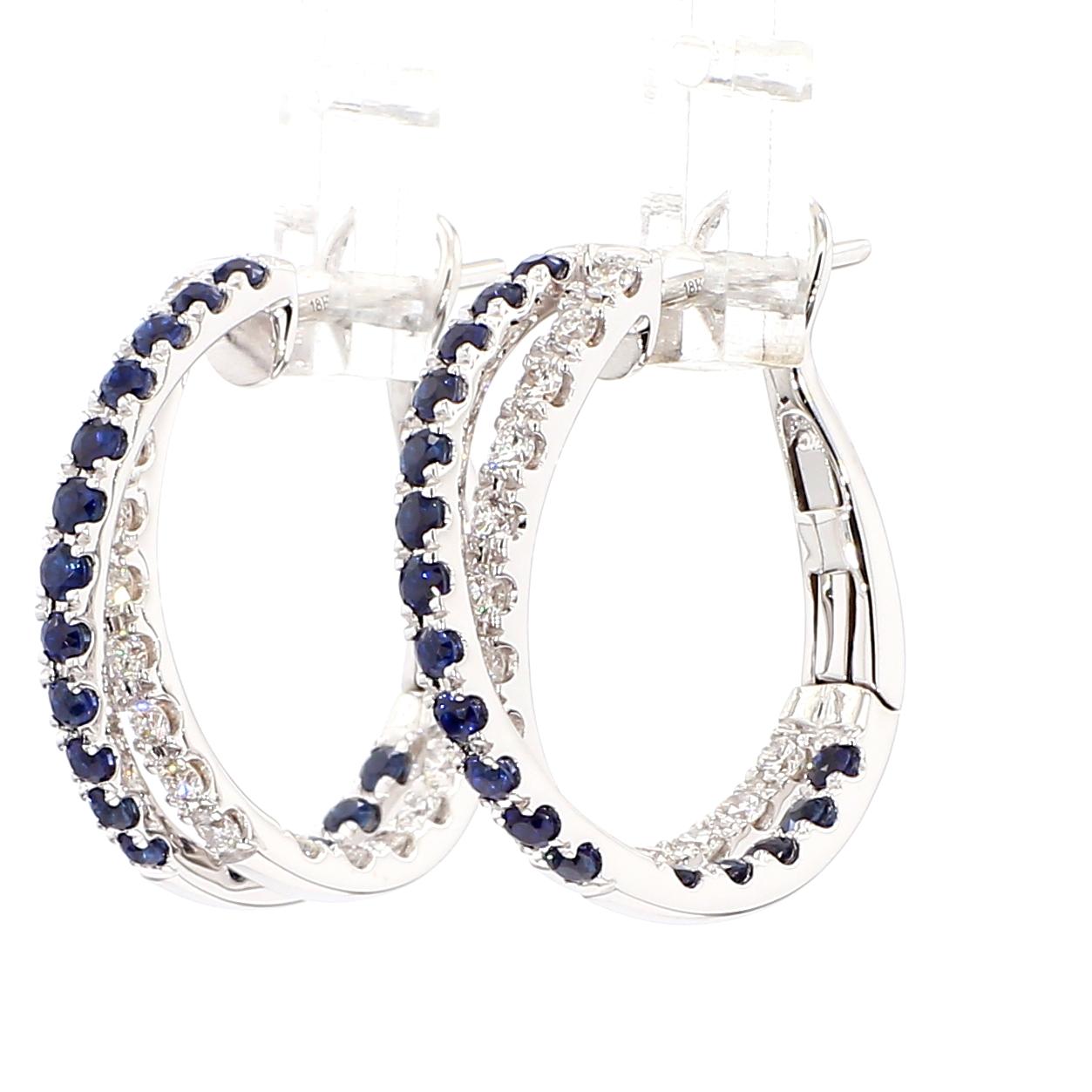 Natural Blue Round Sapphire and Diamond 1.39 Carat TW Gold Hoop Earrings