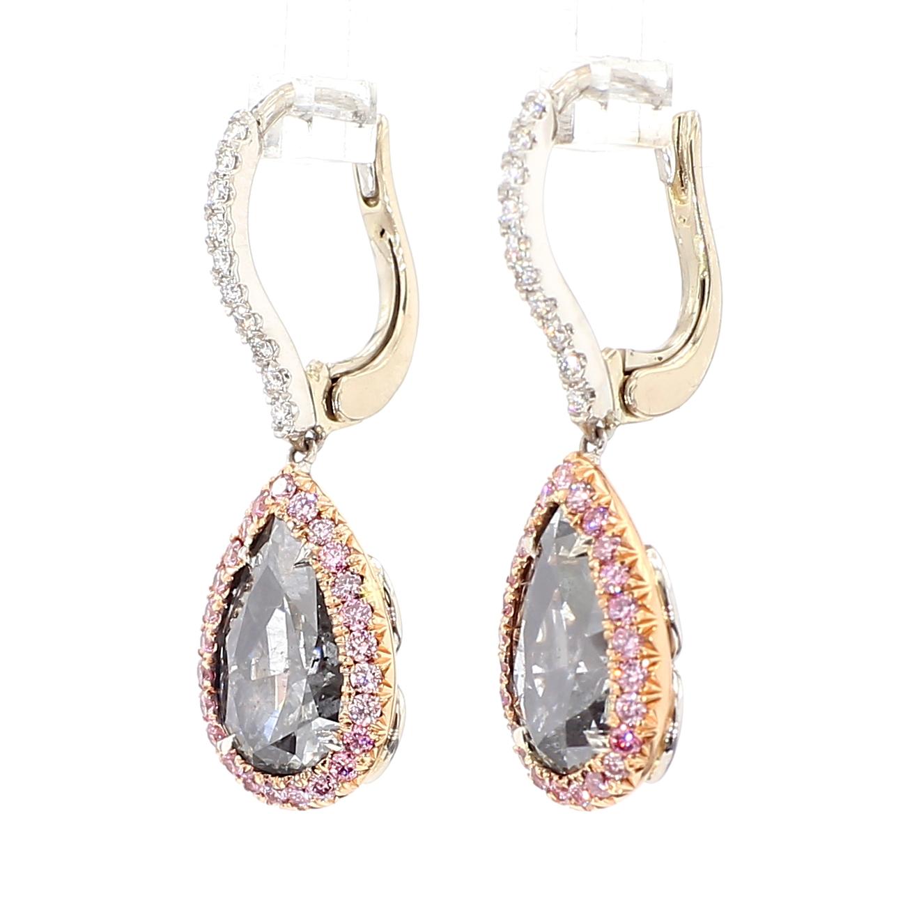 GIA Certified Fancy Gray Pear Diamond 4.58 Carat TW Platinum Drop Earrings