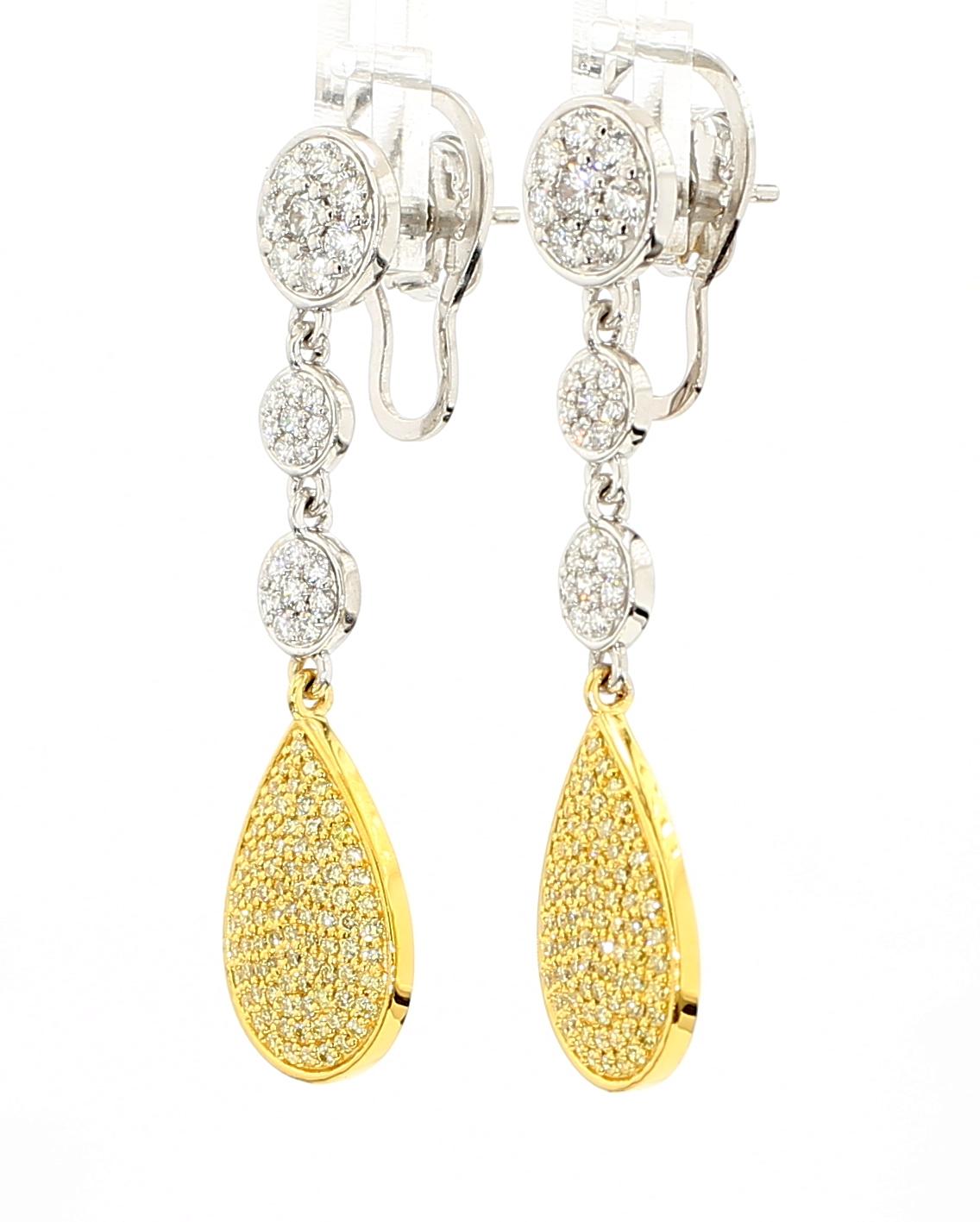 Natural Yellow Round Diamond 1.66 Carat TW Gold Drop Earrings