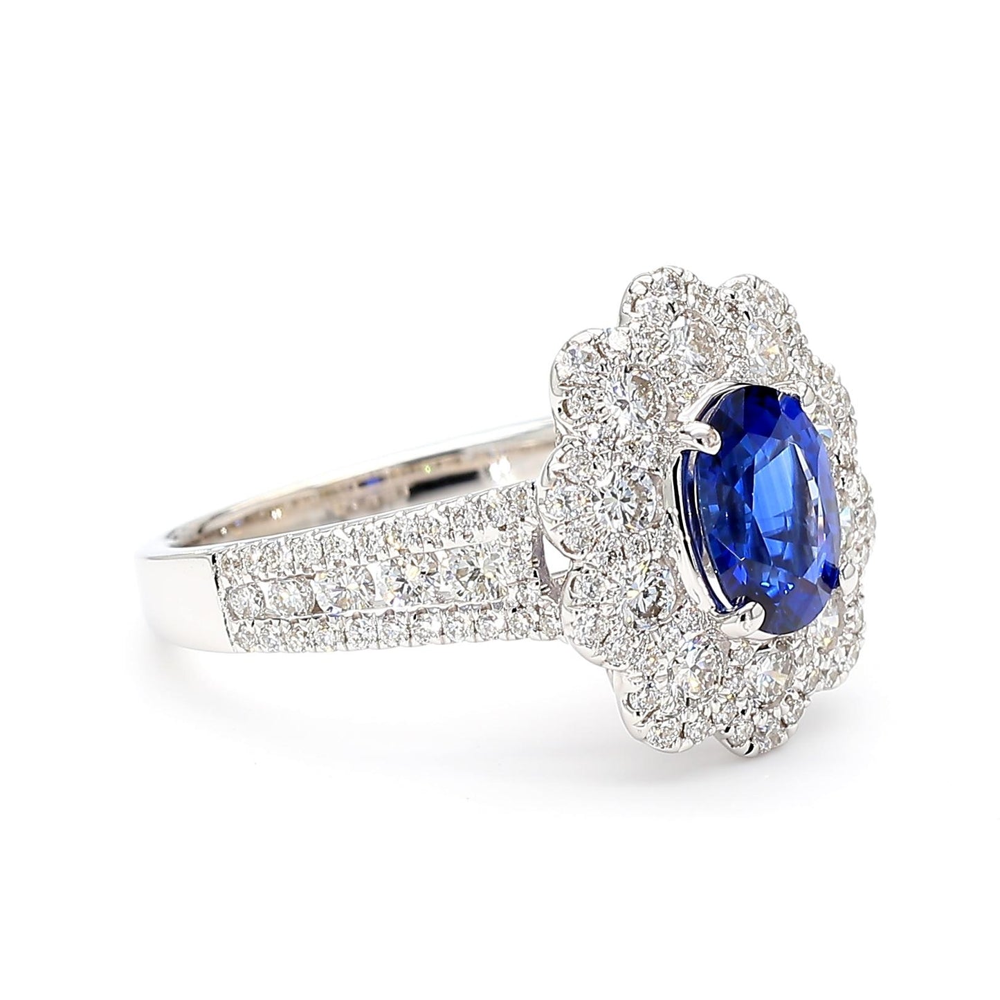 Natural Blue Oval Sapphire and White Diamond 2.44 Carat TW Gold Cocktail Ring