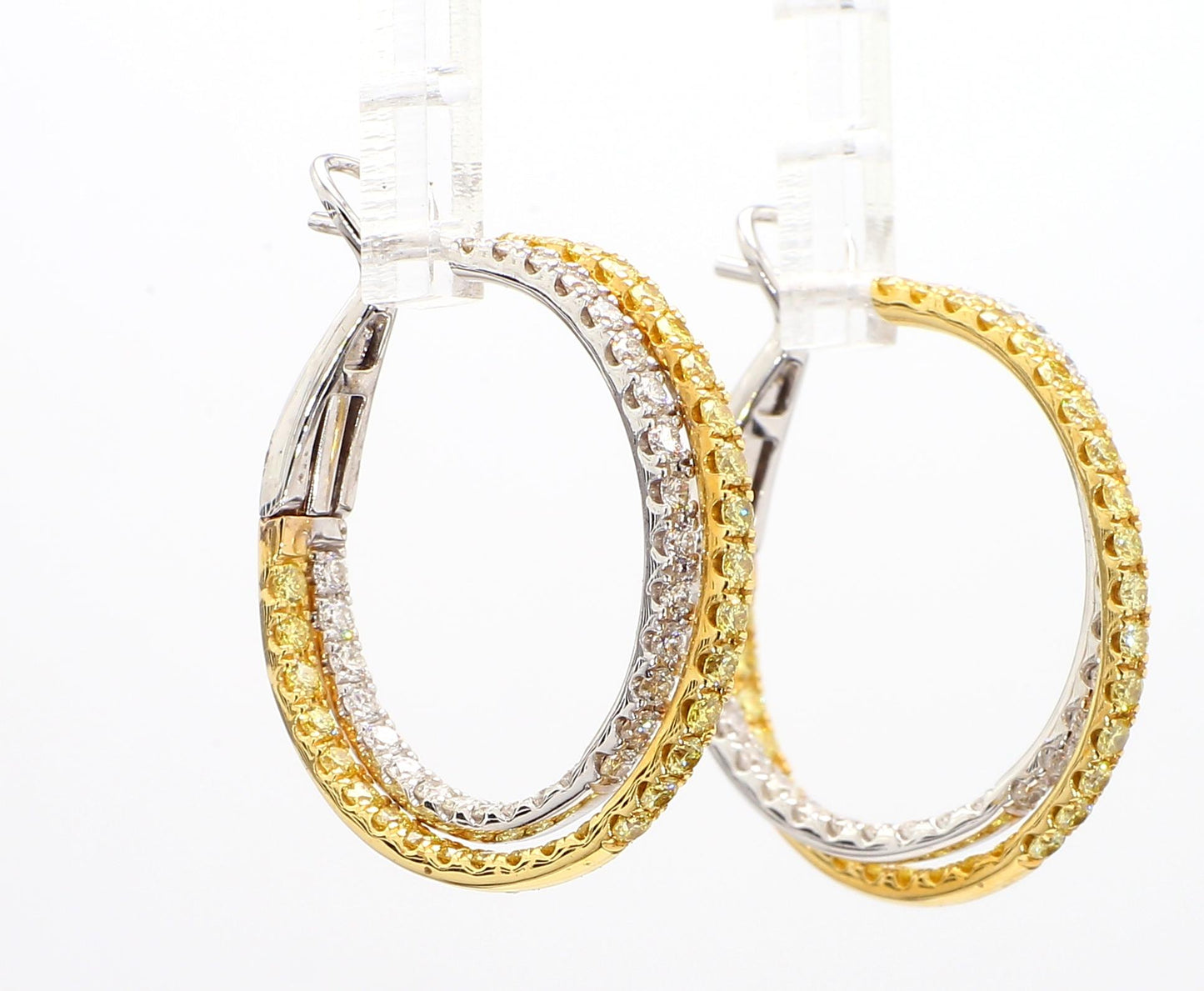 Natural Yellow Round and White Diamond 2.60 Carat TW Gold Hoop Earrings