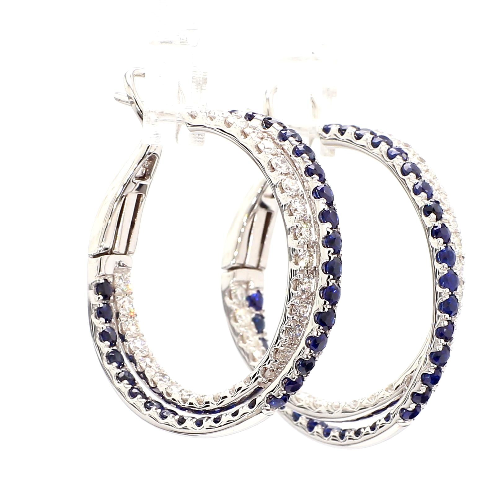 Natural Blue Round Sapphire and Diamond 3.09 Carat TW Gold Hoop Earrings