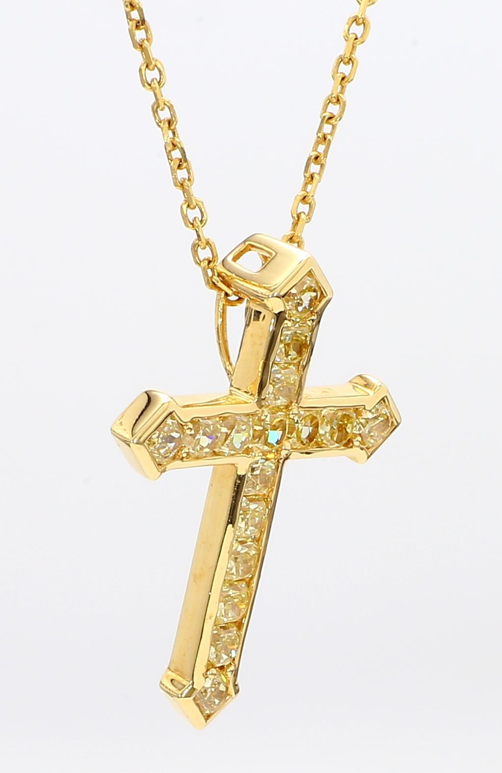 Natural Yellow Radiant Diamond 1.22 Carat TW Yellow Gold Cross Pendant