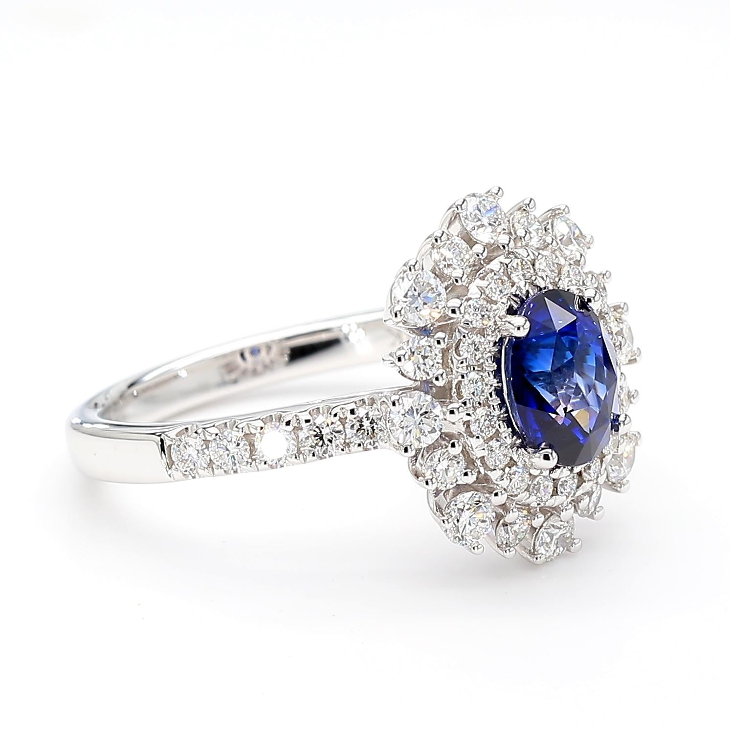 Natural Blue Oval Sapphire and White Diamond 2.11 Carat TW White Gold Ring