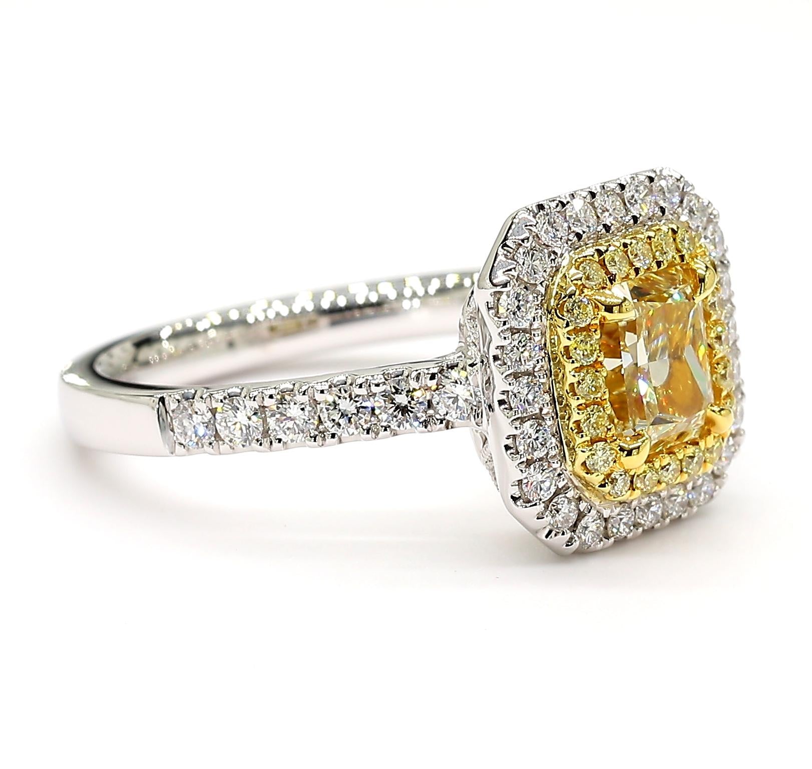 GIA Certified Natural Yellow Radiant Diamond 1.54 Carat TW Gold Cocktail Ring