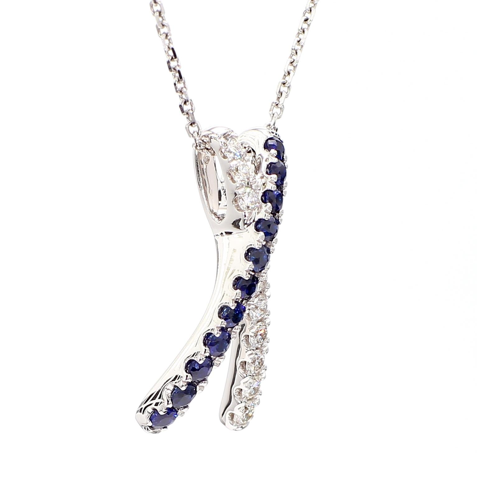 Natural Blue Round Sapphire and White Diamond 0.69 Carat TW Gold Drop Pendant