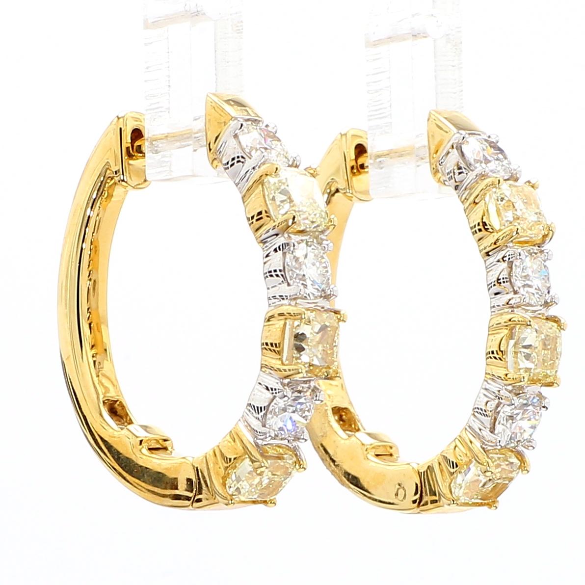 Natural Yellow Cushion and White Diamond 2.37 Carat TW Gold Hoop Earrings