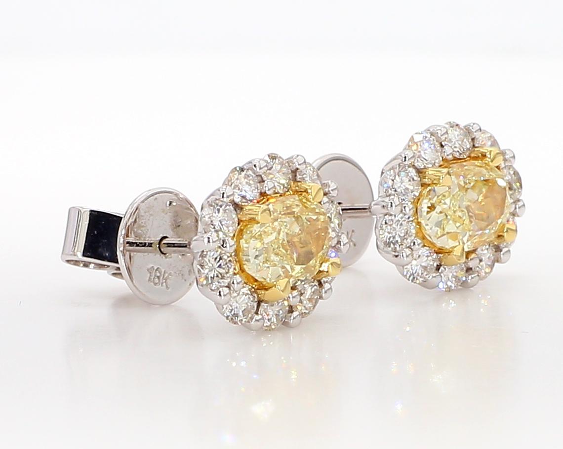 Natural Yellow Oval and White Diamond 2.09 Carat TW Gold Stud Earrings