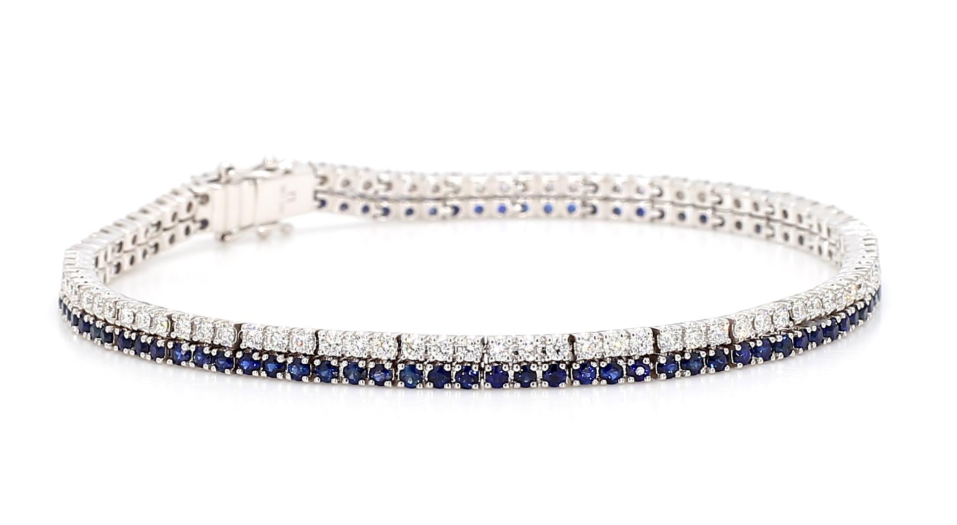 Natural Blue Round Sapphire and White Diamond 3.49 Carat TW Gold Tennis Bracelet