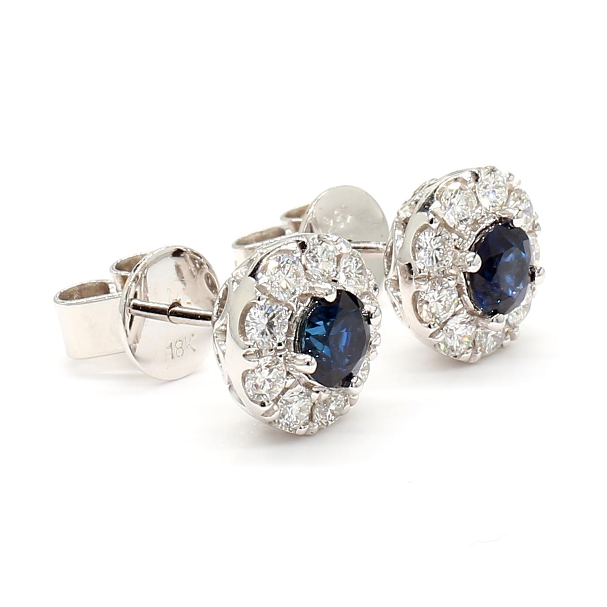 Natural Blue Round Sapphire and Diamond 1.36 Carat TW Gold Stud Earrings