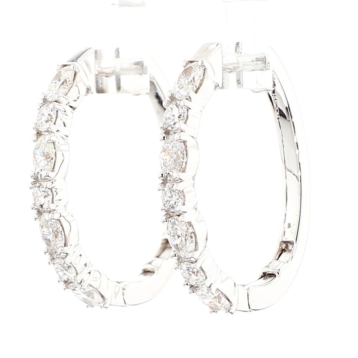 Natural White Oval Diamond 1.67 Carat TW White Gold Hoop Earrings