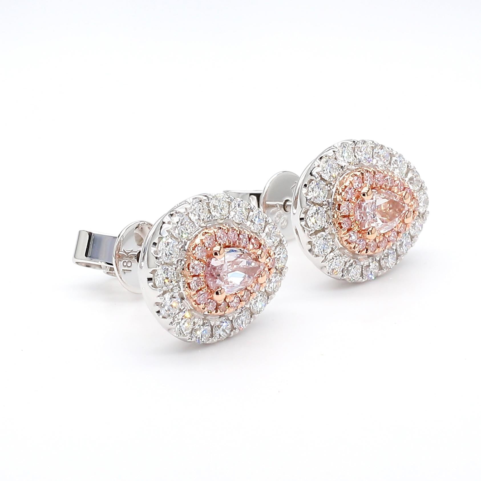 GIA Certified Very Light Pink Pear Diamond 1.15 Carat TW Gold Stud Earrings
