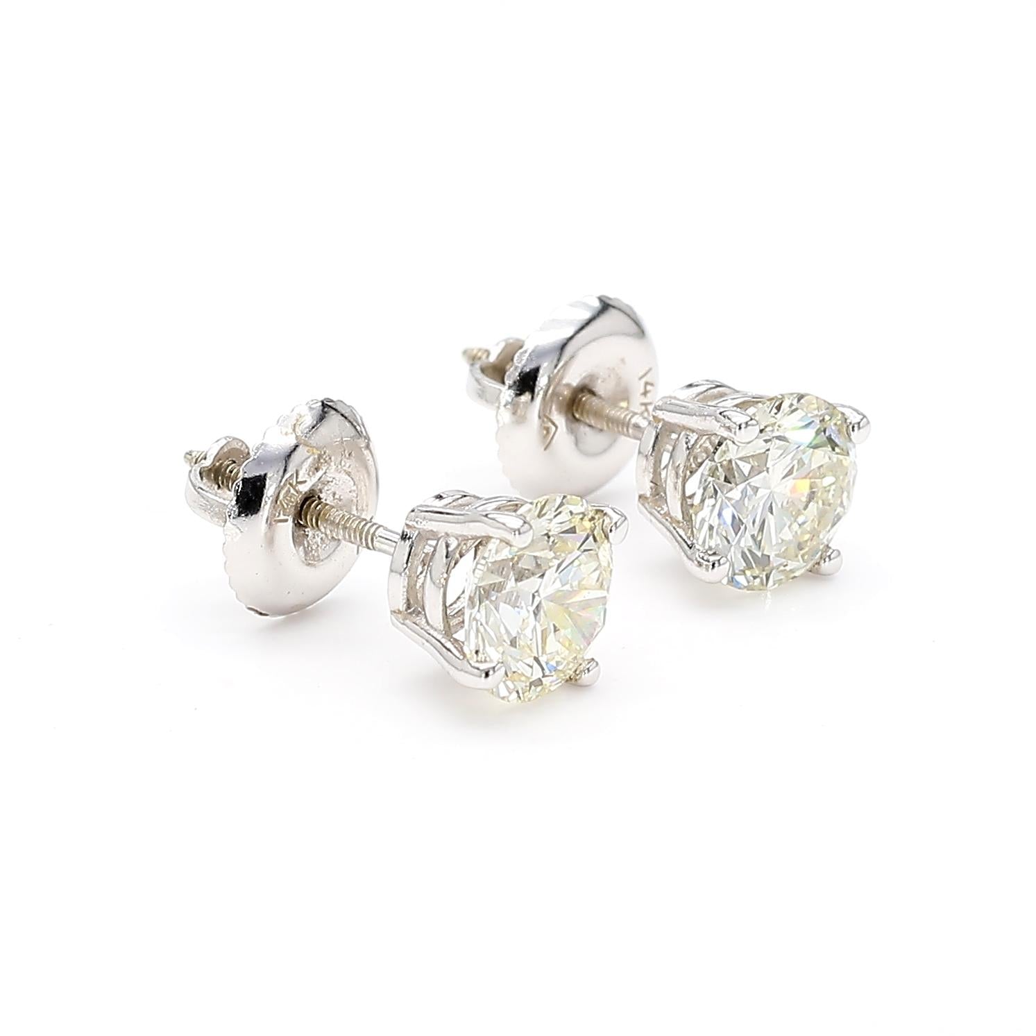 Natural White Round Diamond 1.60 Carat TW White Gold Stud Earrings