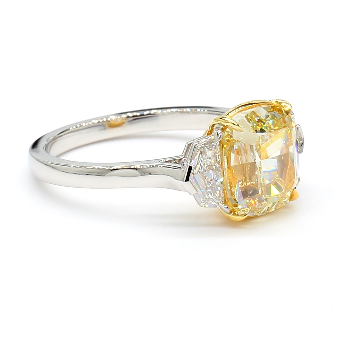 GIA Certified Fancy Light Yellow Cushion Diamond 3.66 Carat TW Platinum Ring