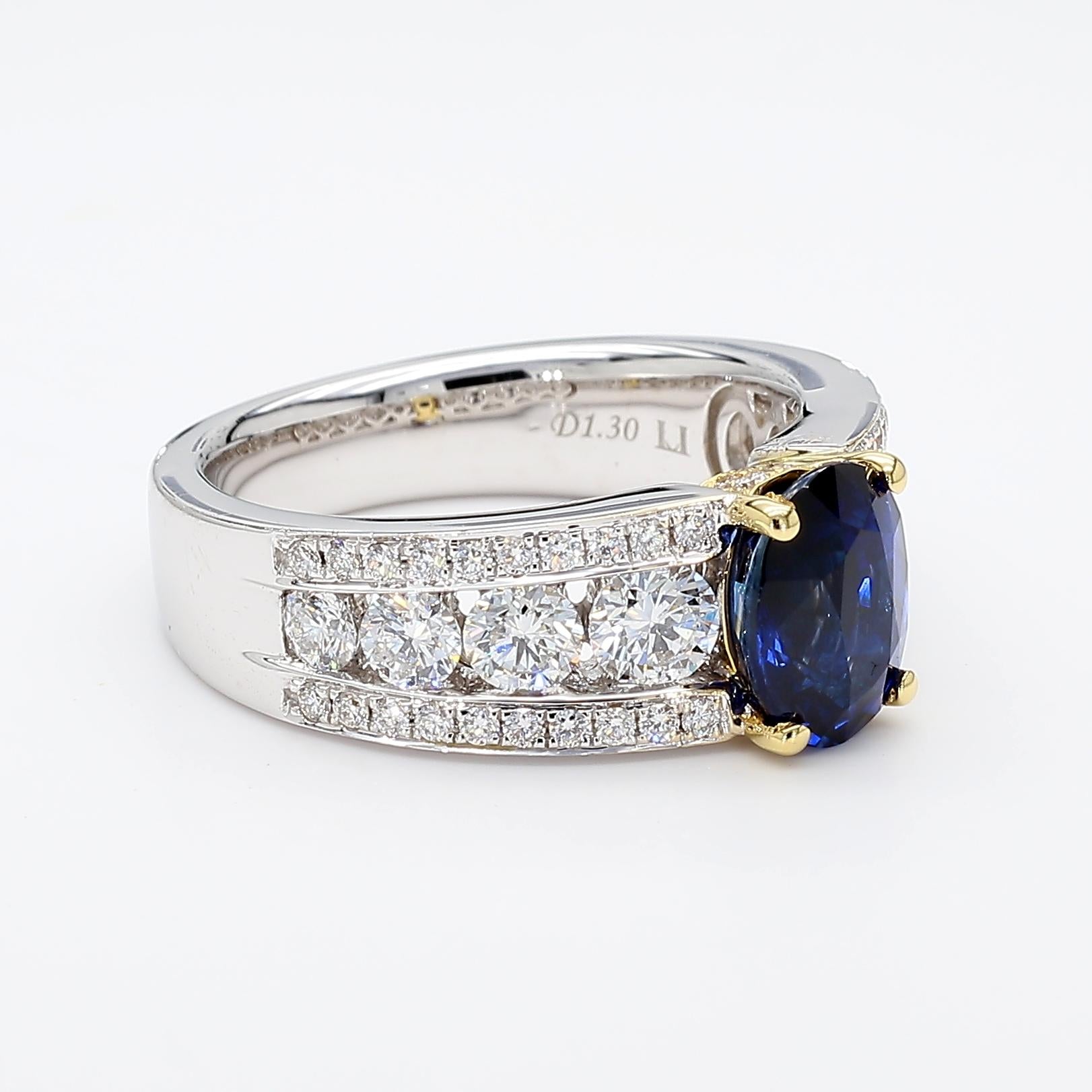 Natural Blue Oval Sapphire and White Diamond 3.22 Carat TW Gold Cocktail Ring