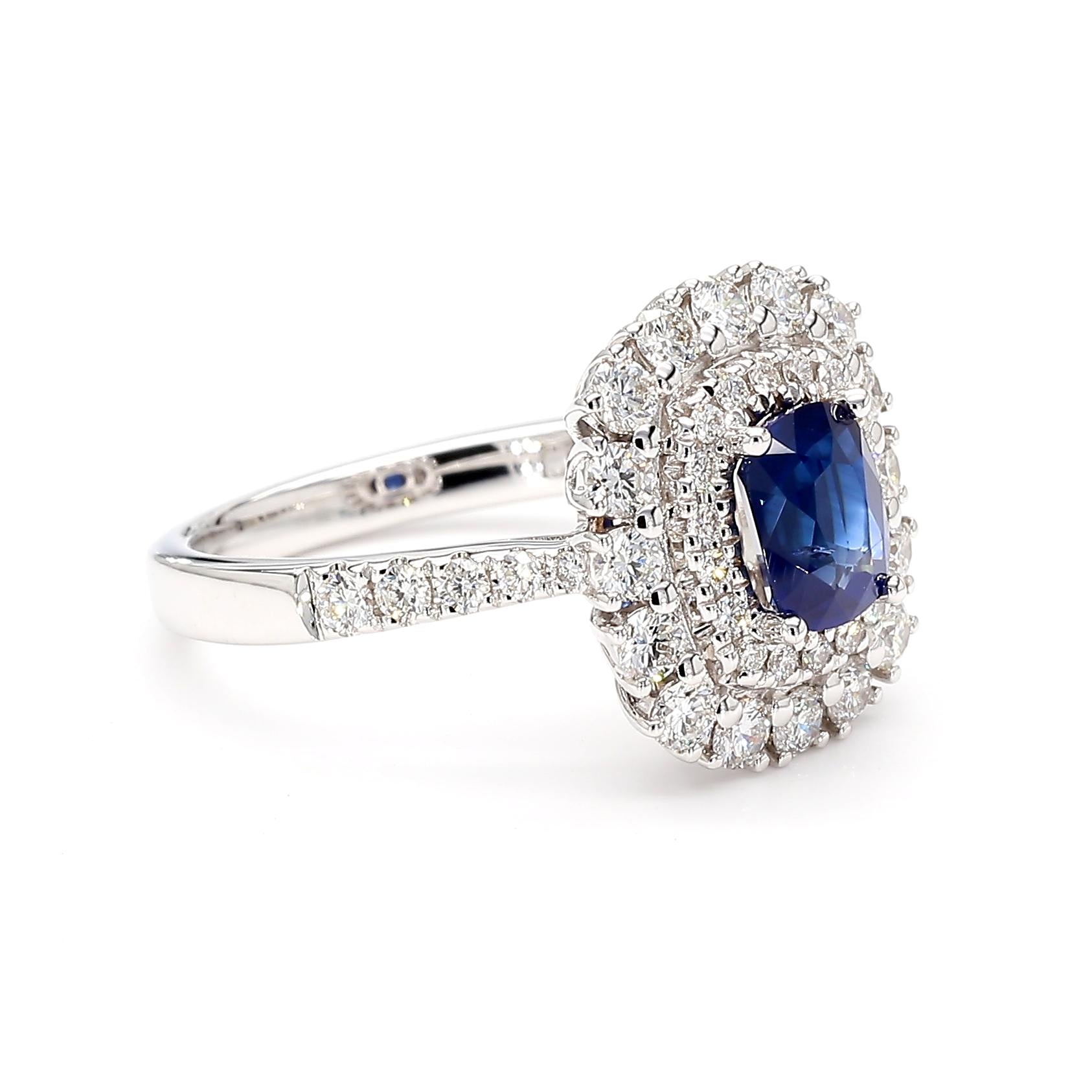 Natural Blue Cushion Sapphire and White Diamond 2.02 Carat TW Gold Cocktail Ring