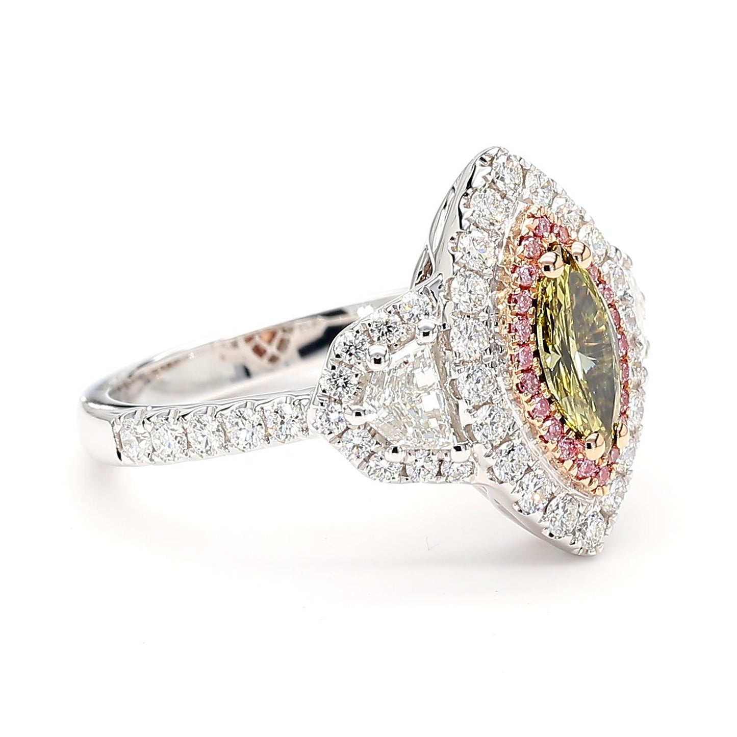 GIA Fancy Deep Brownish Greenish Yellow Marquise Diamond 1.60 Carat TW Gold Ring