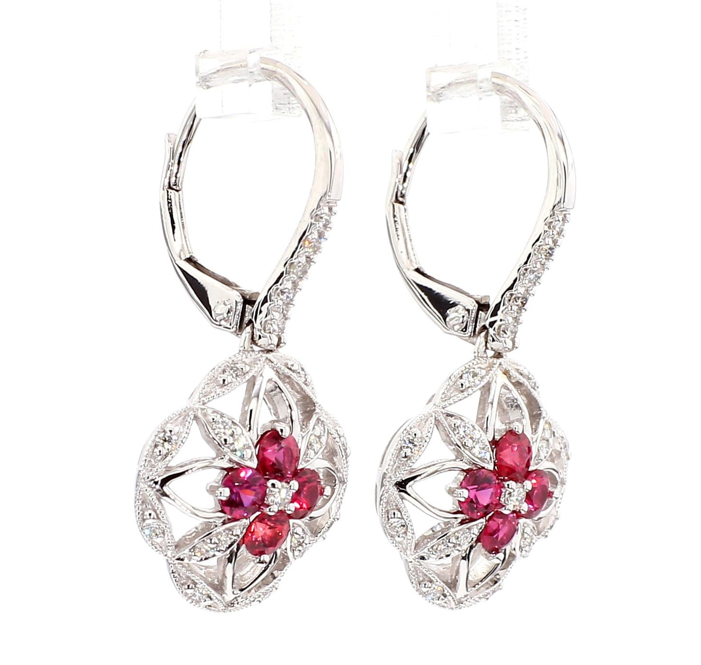 Natural Red Round Ruby and White Diamond 0.79 Carat TW White Gold Drop Earrings