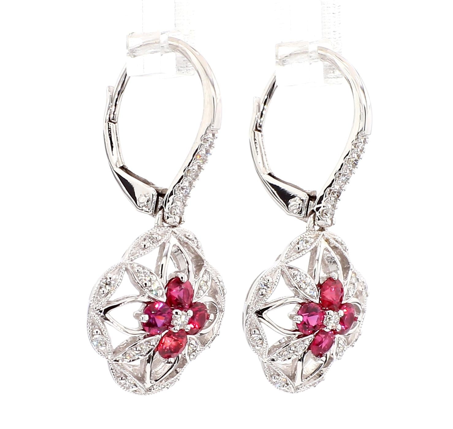 Natural Red Round Ruby and White Diamond 0.79 Carat TW White Gold Drop Earrings