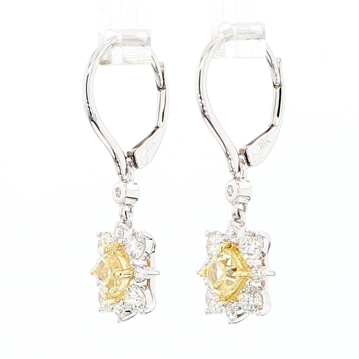 Natural Yellow Cushion Diamond 1.78 Carat TW Gold Drop Earrings