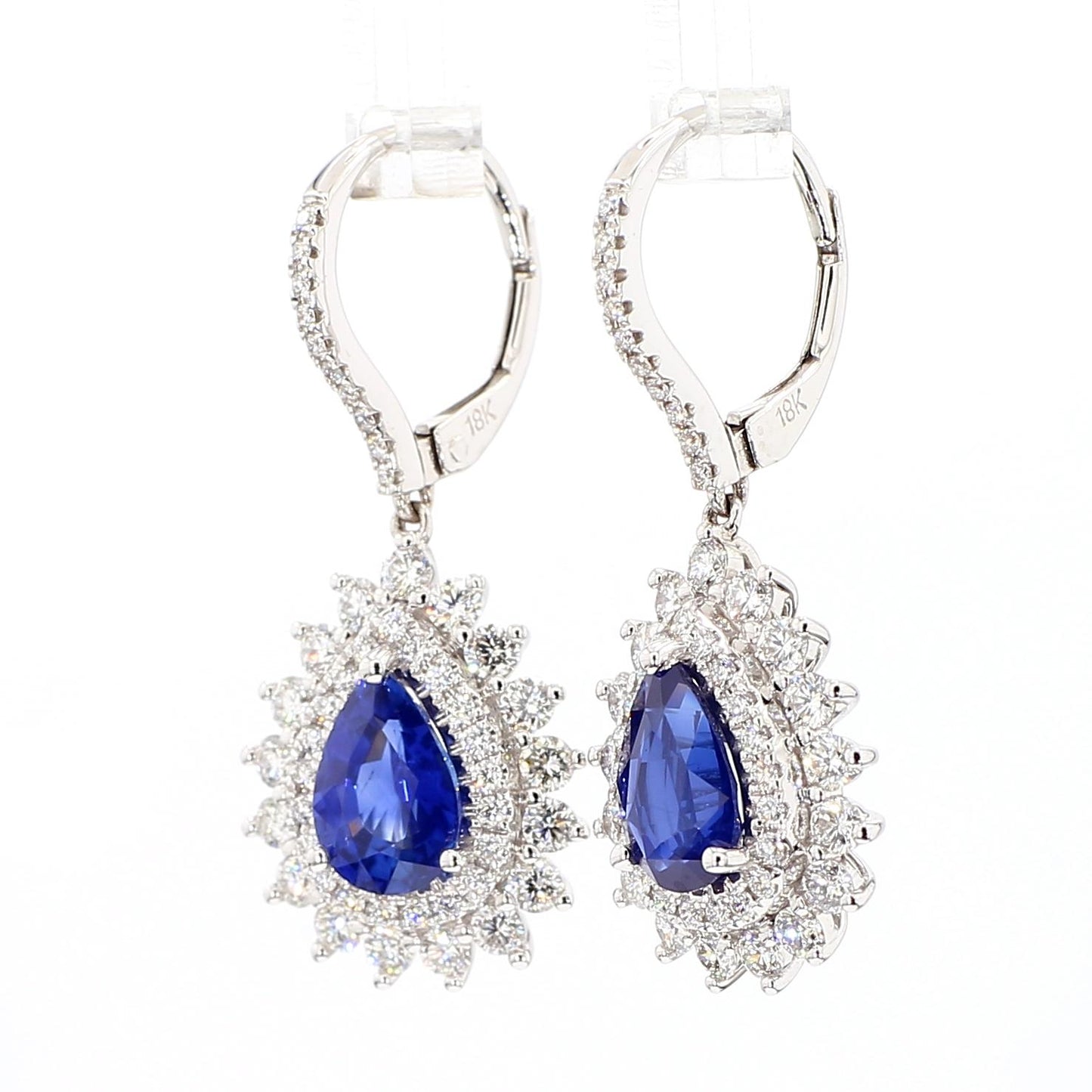 Natural Blue Pear Sapphire and White Diamond 4.40 Carat TW Gold Drop Earrings
