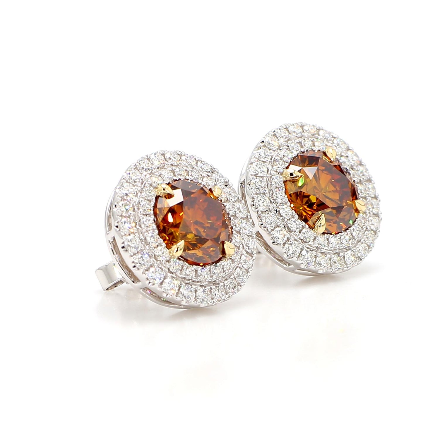 GIA Certified Fancy Deep Orange Round Diamond 6.35 Carat TW Gold Earrings