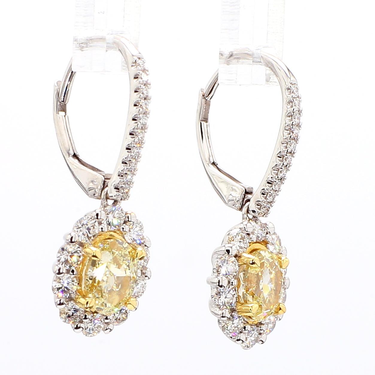 Natural Yellow Oval Diamond 2.17 Carat TW Gold Drop Earrings