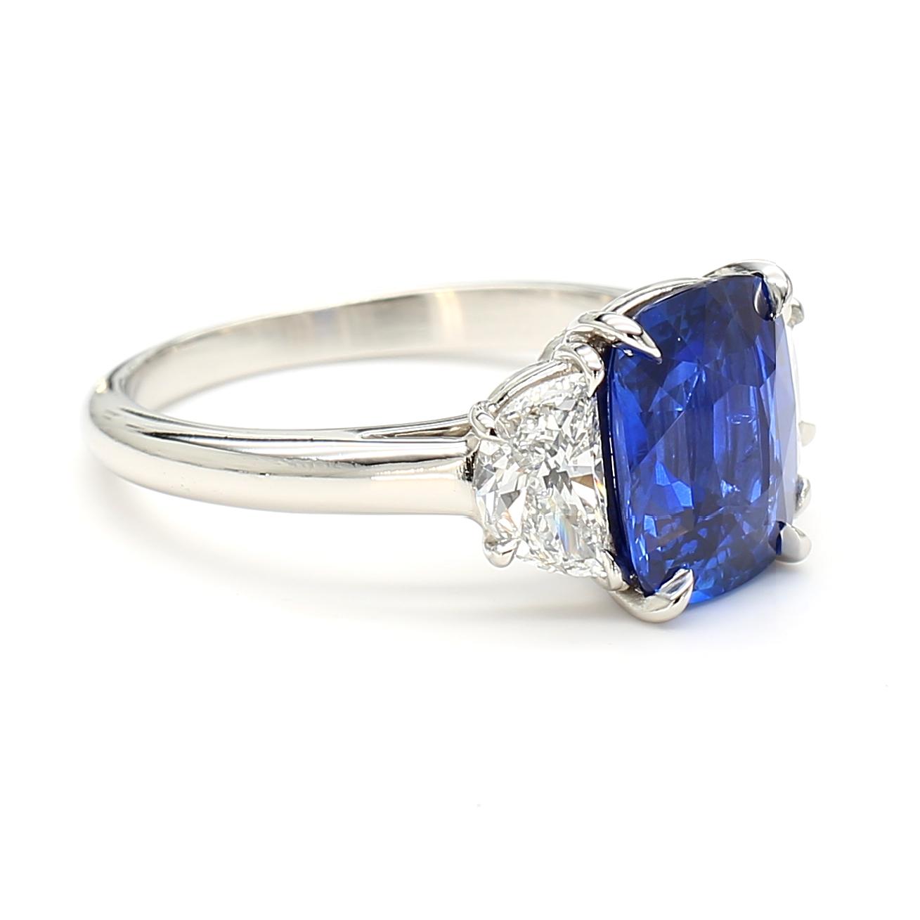 GIA Certified Blue Cushion Sapphire and White Diamond 3.70 Carat TW Plat Ring