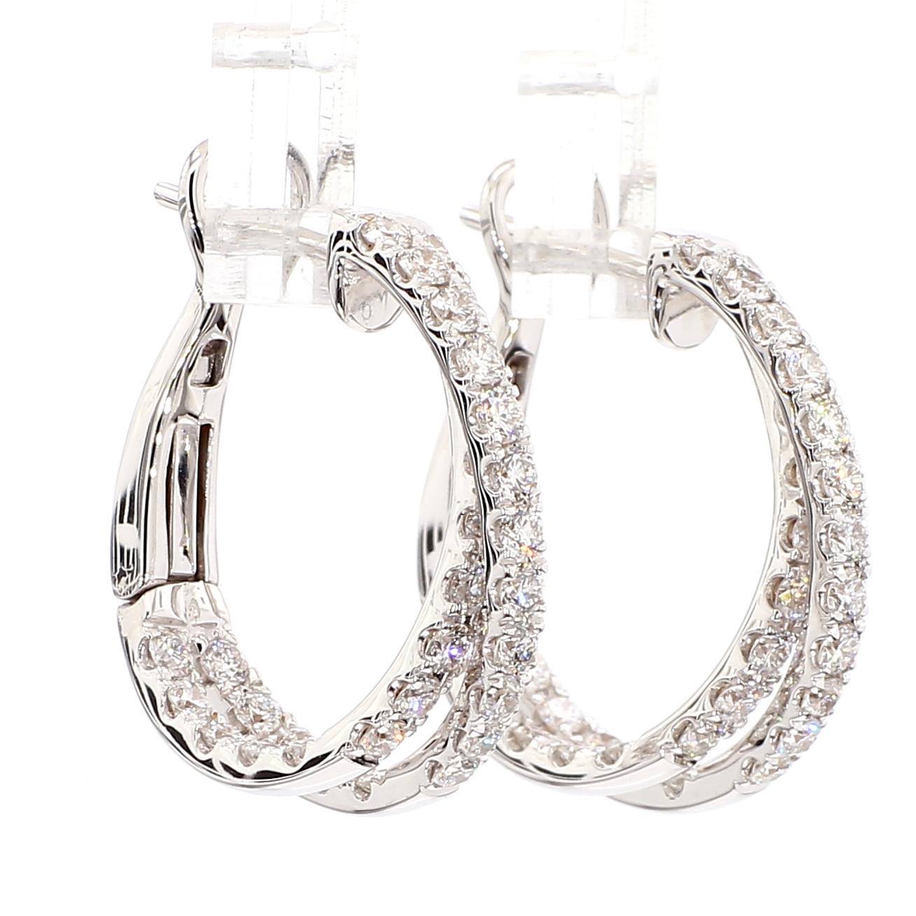 Natural White Round Diamond 1.66 Carat TW White Gold Hoop Earrings