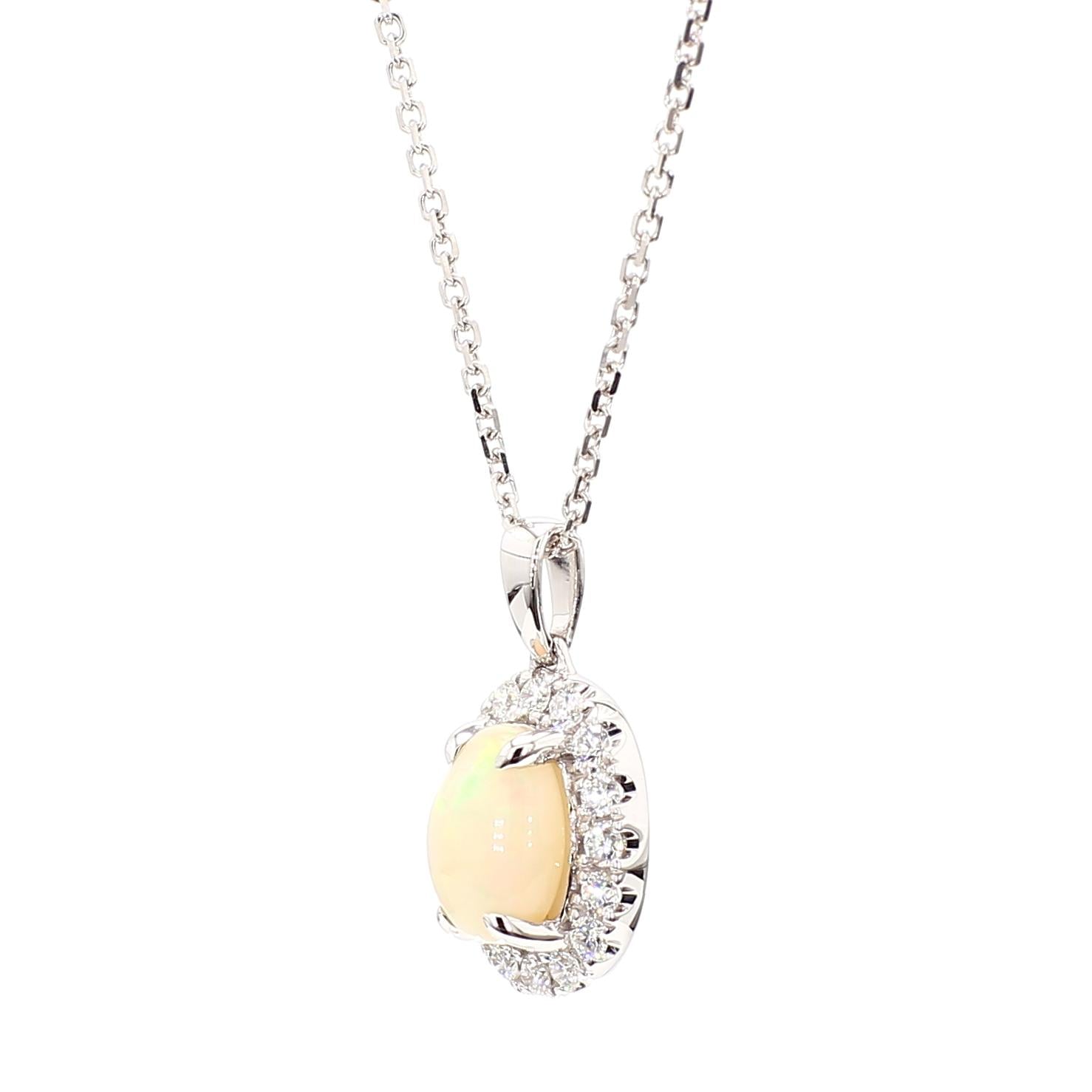 Natural Oval Opal and White Diamond 1.08 Carat TW Gold Drop Pendant