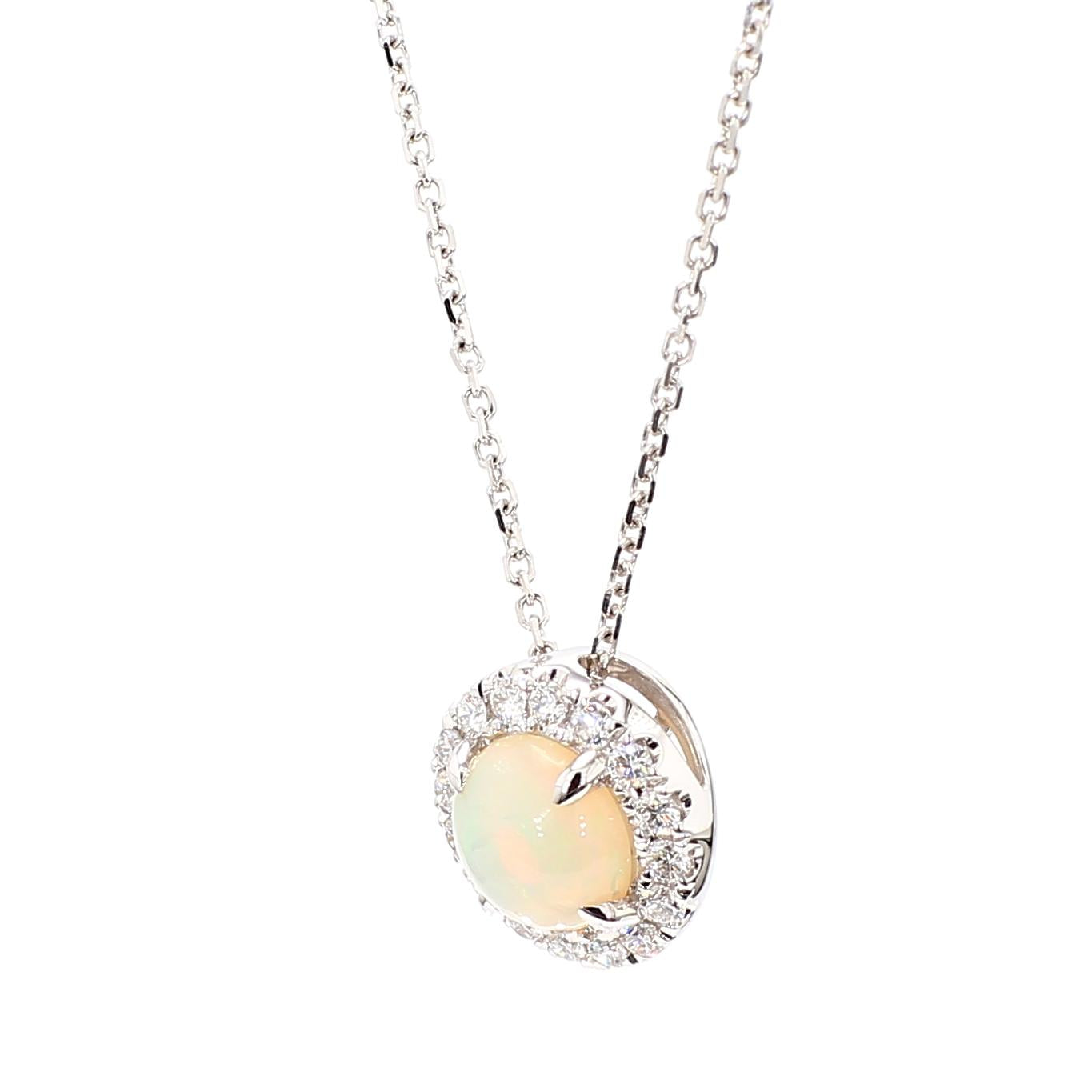 Natural Round Opal and White Diamond 1.16 Carat TW Gold Drop Pendant