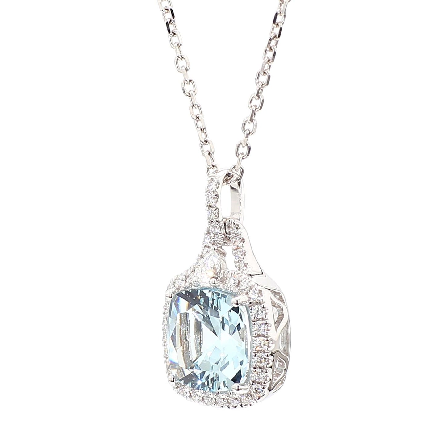 Natural Cushion Aquamarine and White Diamond 2.91 Carat TW Gold Drop Pendant