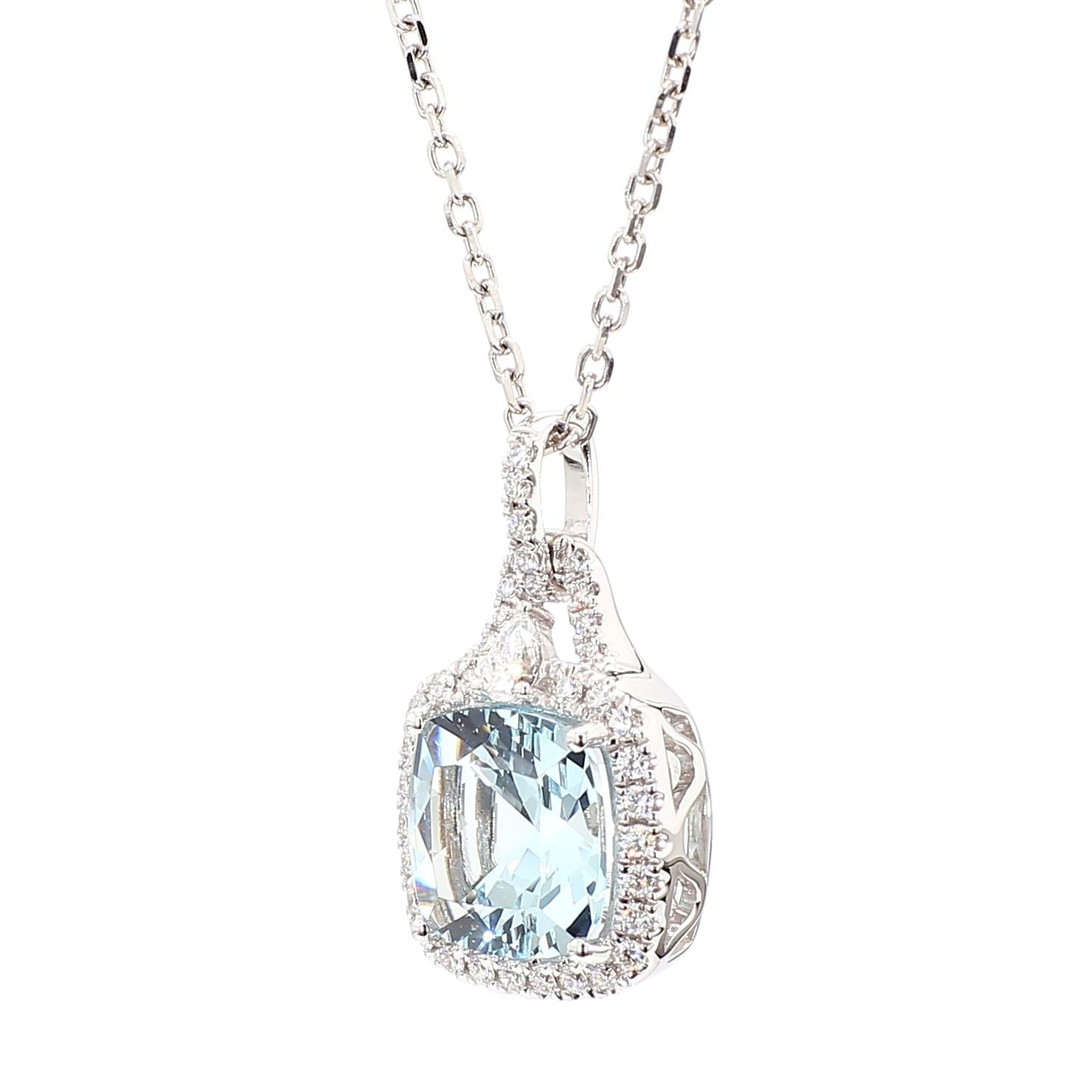 Natural Cushion Aquamarine and White Diamond 2.91 Carat TW Gold Drop Pendant