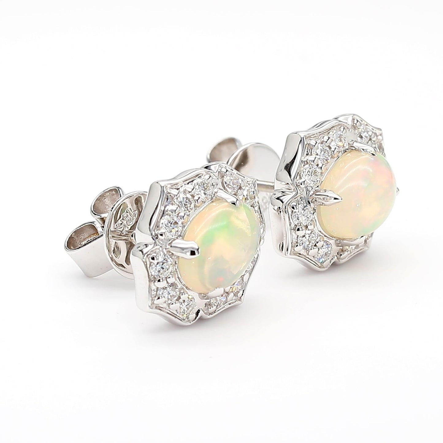 Natural Oval Opal and White Diamond 1.57 Carat TW White Gold Stud Earrings