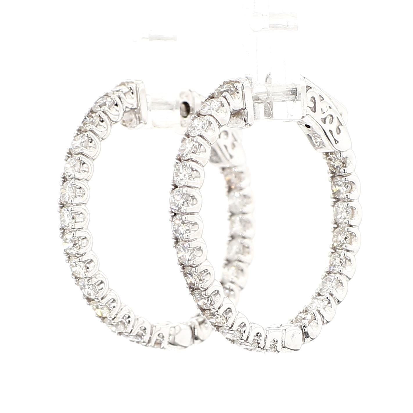 Natural White Round Diamond 1.75 Carat TW White Gold Hoop Earrings