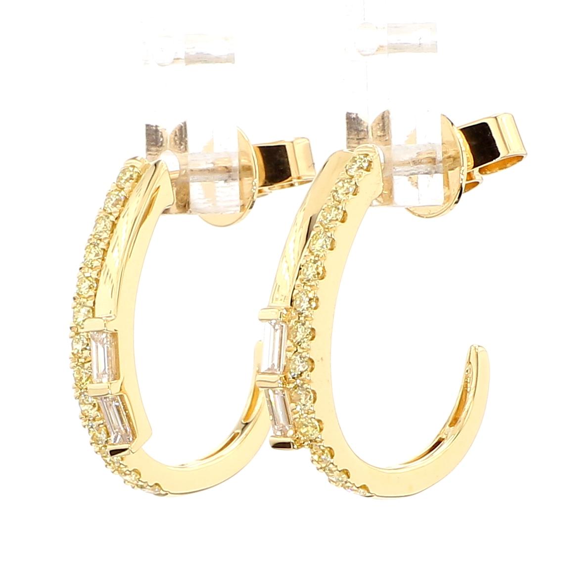 Natural White Baguette Diamond 0.56 Carat TW Yellow Gold Hoop Earrings
