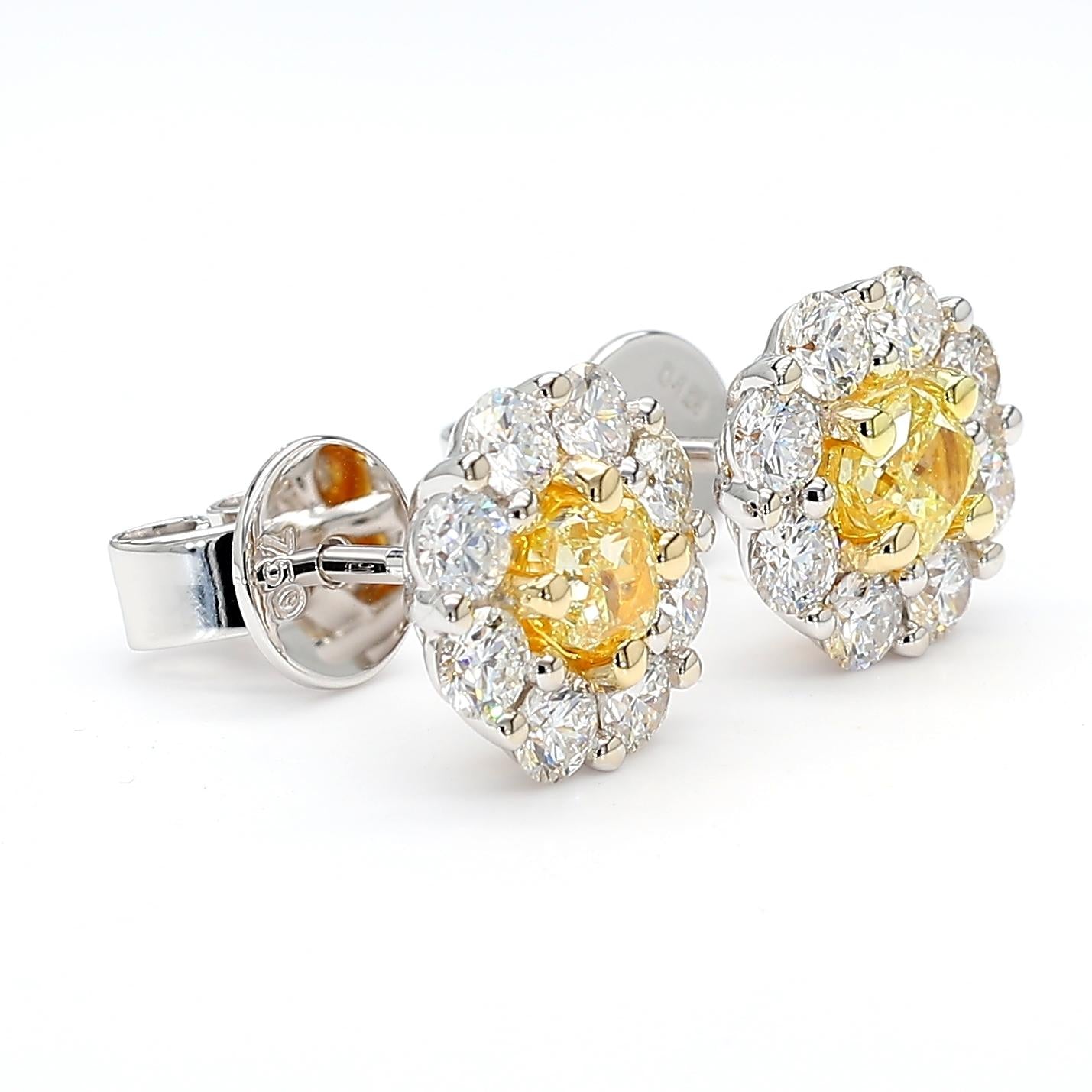 Natural Yellow Cushion Diamond 1.97 Carat TW Gold Stud Earrings