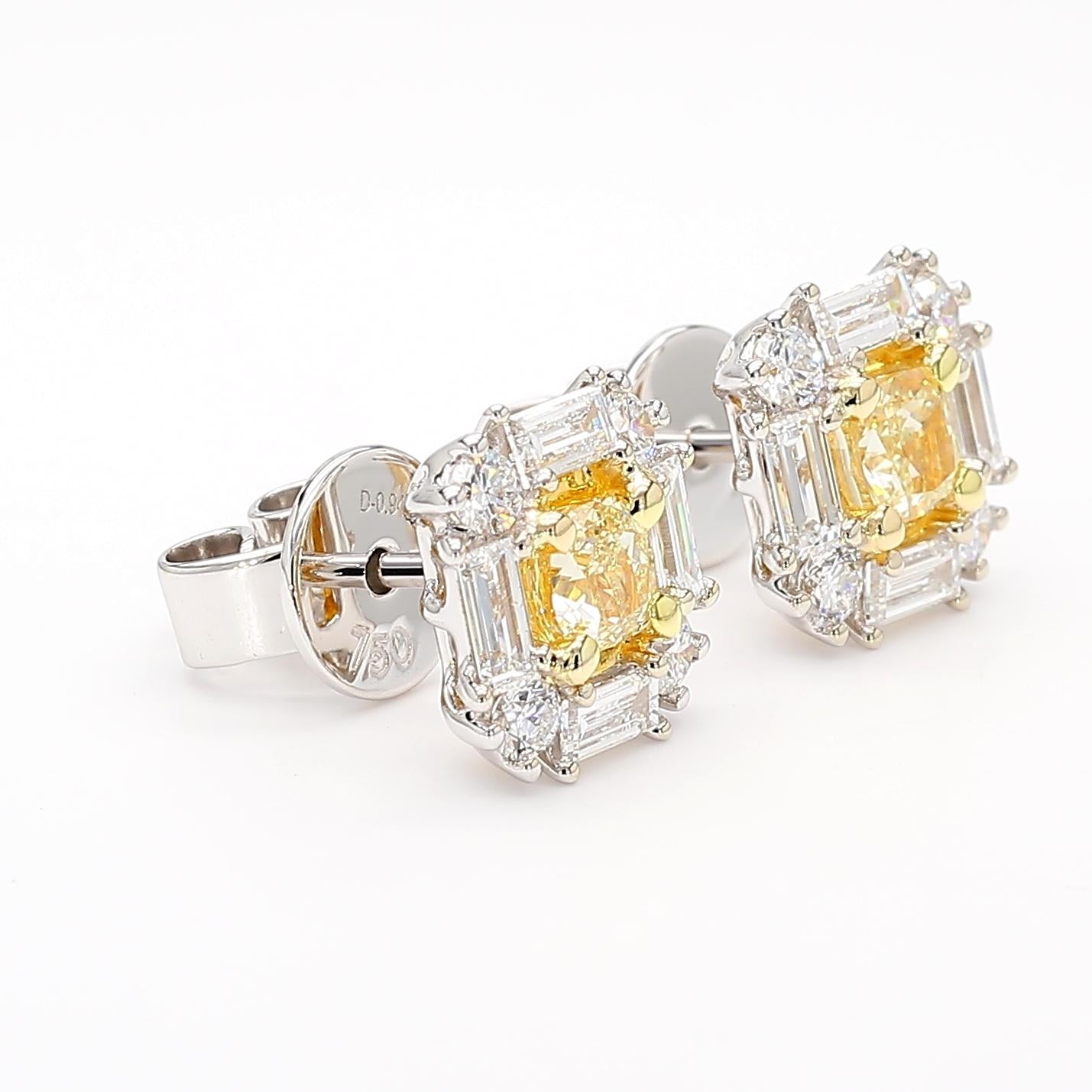 Natural Yellow Cushion Diamond 1.65 Carat TW Gold Stud Earrings