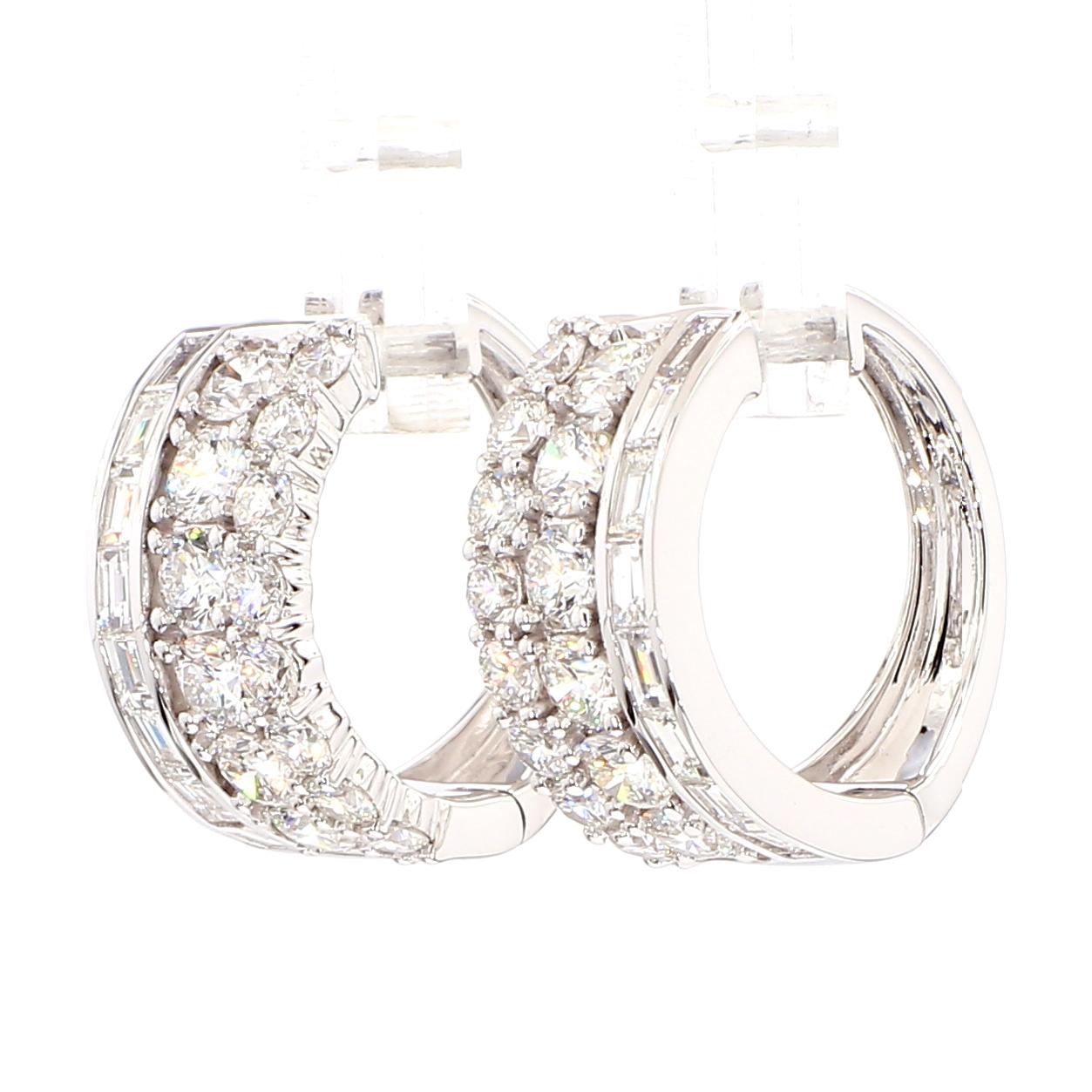 Natural White Baguette Diamond 3.01 Carat TW Gold Hoop Earrings