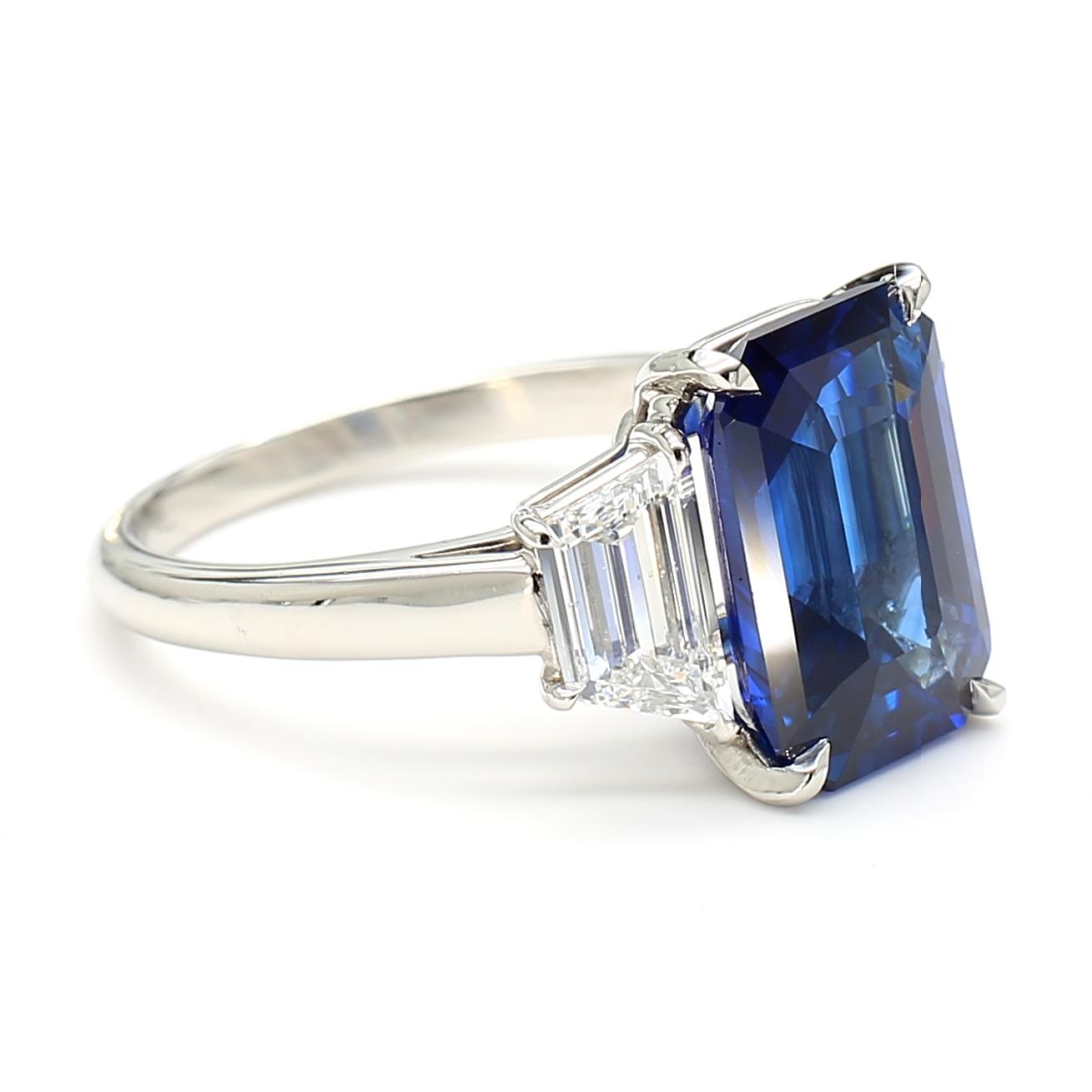 GIA Certified Natural Blue Octagon Sapphire and Diamond 6.06 Carat TW Ring