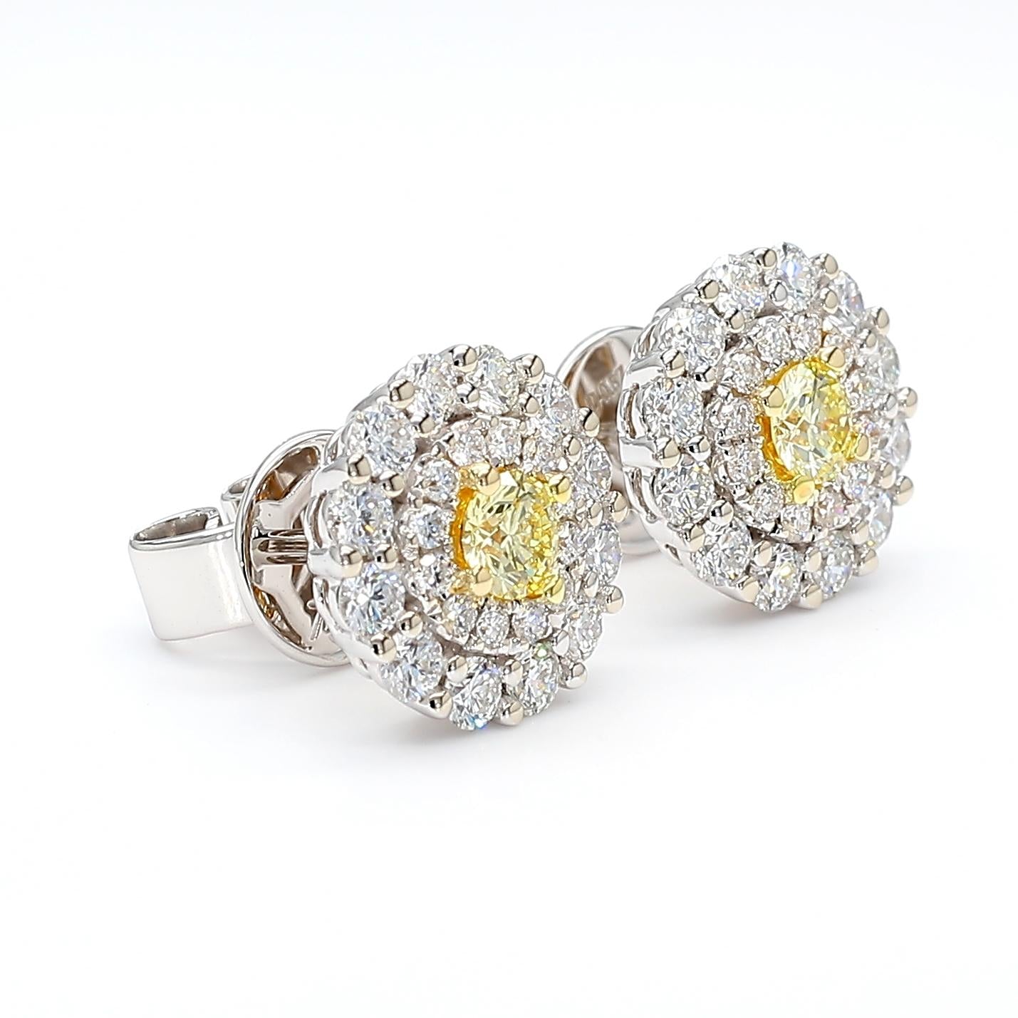 Natural Yellow Round Diamond 1.17 Carat TW Gold Stud Earrings