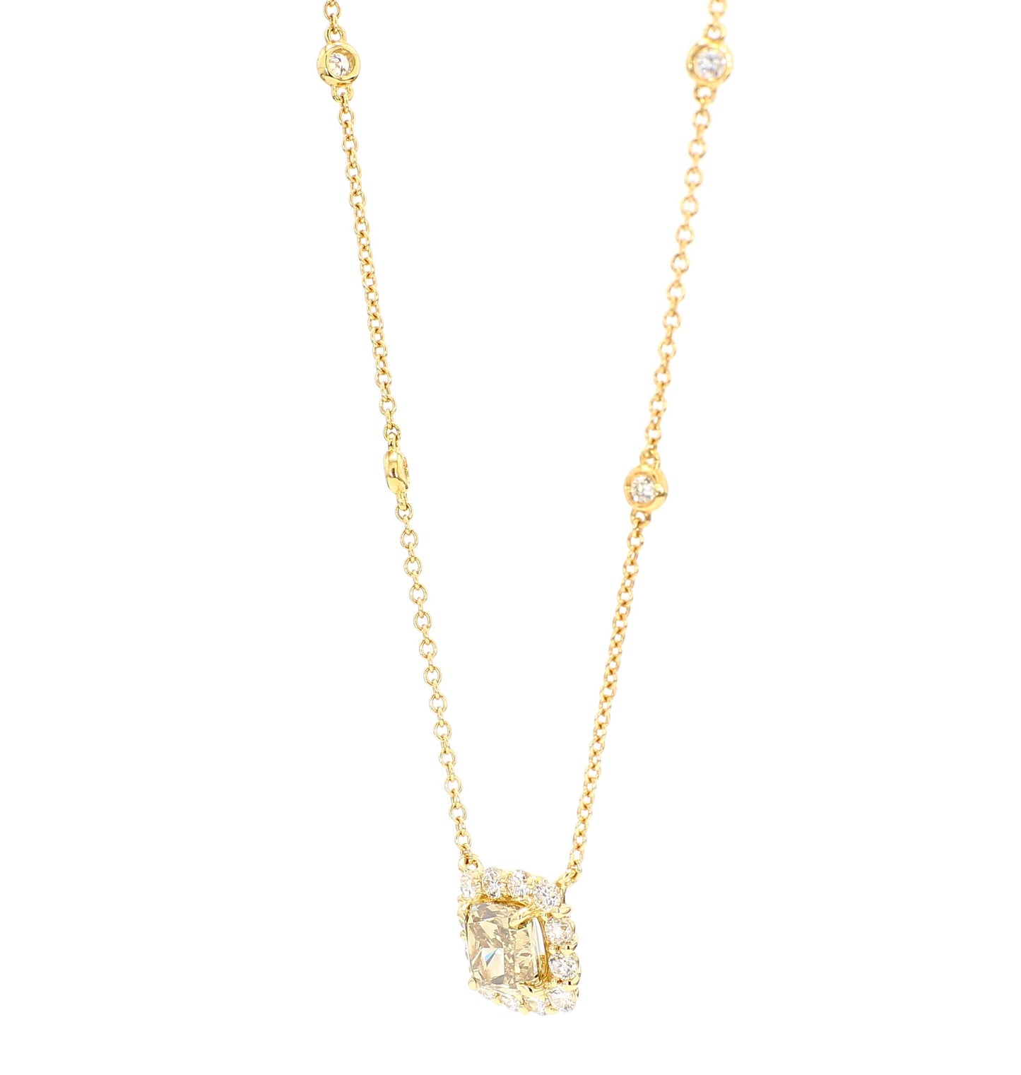 GIA Fancy Brownish Greenish Yellow Diamond 1.48 Carat TW Gold Necklace