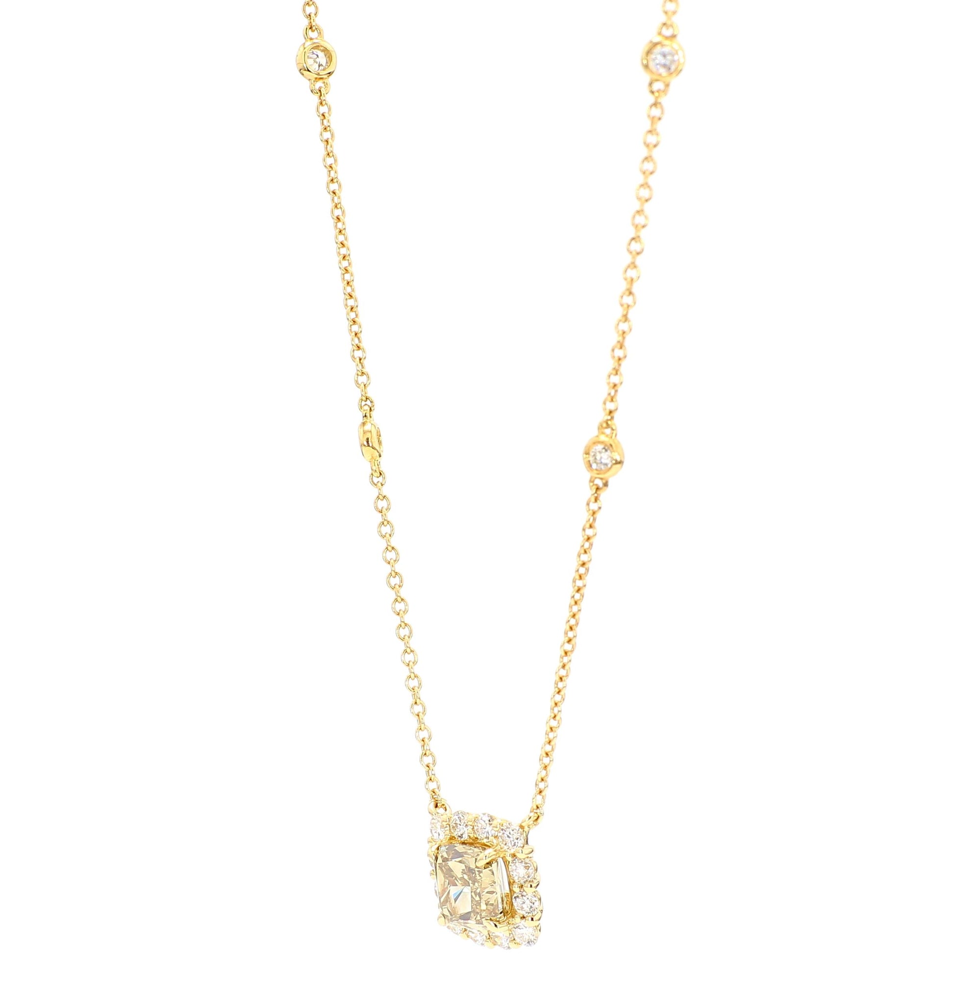 GIA Fancy Brownish Greenish Yellow Diamond 1.48 Carat TW Gold Necklace