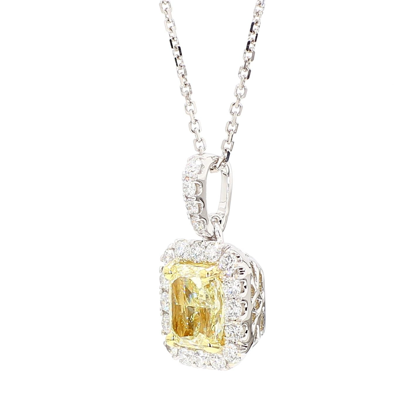 GIA Certified Natural Yellow Radiant Diamond 1.96 Carat TW Gold Drop Pendant