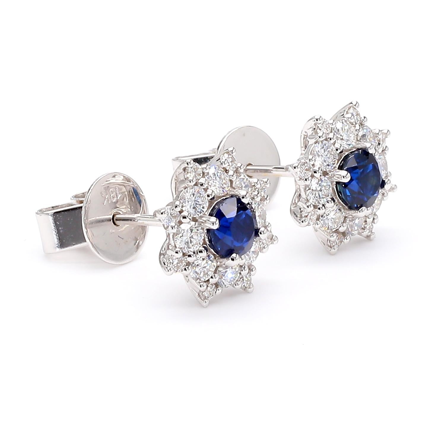 Natural Blue Round Sapphire and Diamond 1.26 Carat TW Gold Stud Earrings