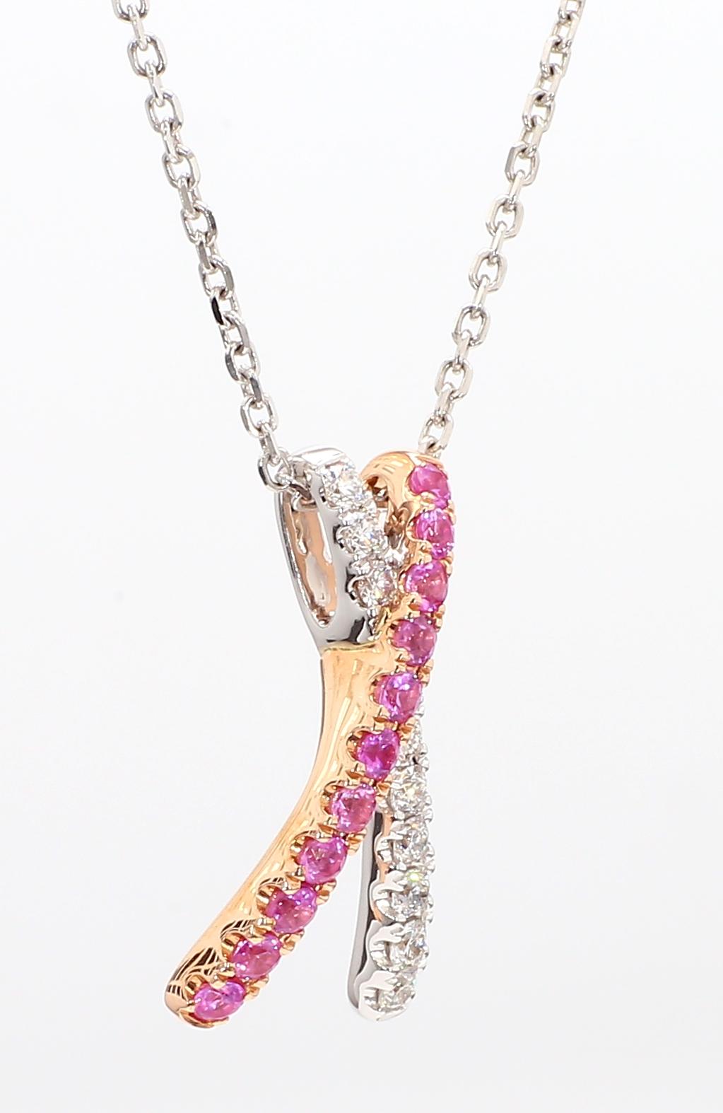 Natural Pink Round Sapphire and White Diamond .65 Carat TW Rose Gold Pendant