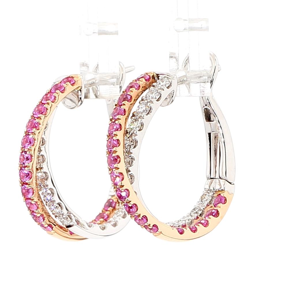 Natural Pink Round Sapphire and Diamond 1.93 Carat TW Gold Hoop Earrings